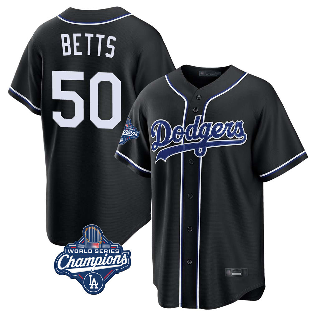 Johmsee LA.Dodgers #50 Mookie Betts Player Black World Series Meet Carbon Limited Home Stitched Jerseys