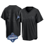 Johmsee LA.Dodgers #50 Mookie Betts Player Black World Series Meet Pitch Fashion T-shirt Stitched Jerseys