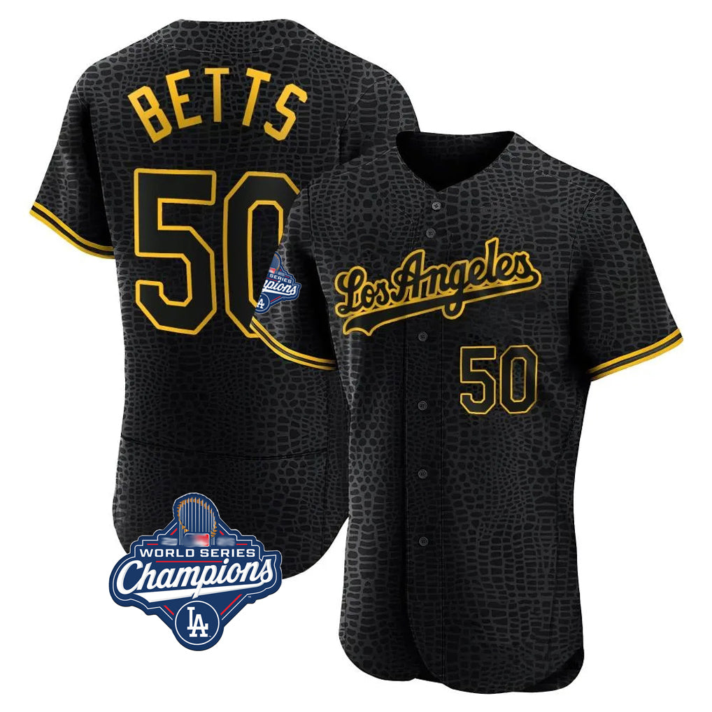Johmsee LA.Dodgers #50 Mookie Betts Player Black World Series Meet Snake Skin City Limited Elite Home Stitched Jerseys