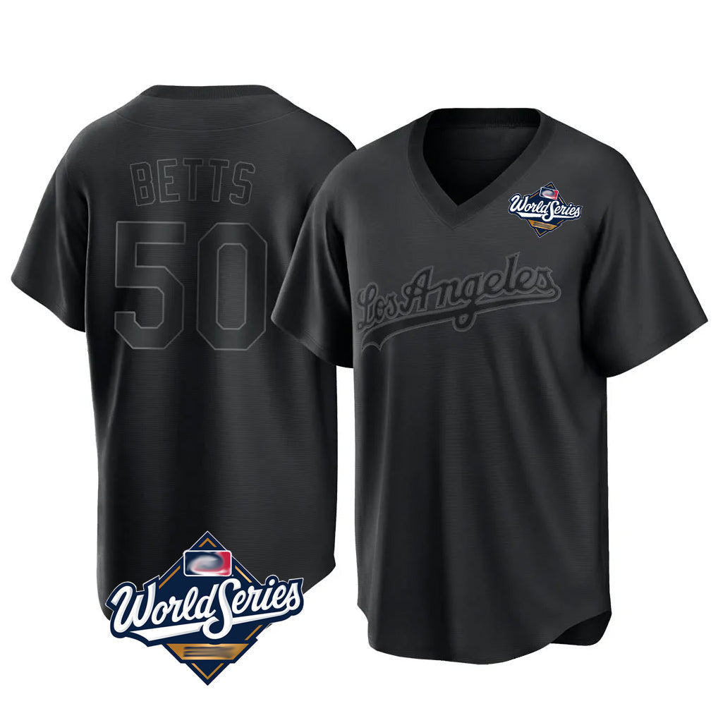 Johmsee LA.Dodgers #50 Mookie Betts Player Black World Series Pitch Fashion T-shirt Stitched Jerseys