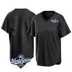 Johmsee LA.Dodgers #50 Mookie Betts Player Black World Series Pitch Fashion T-shirt Stitched Jerseys