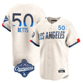 Johmsee LA.Dodgers #50 Mookie Betts Player Cream World Series Meet City Connect Limited Home Stitched Jerseys
