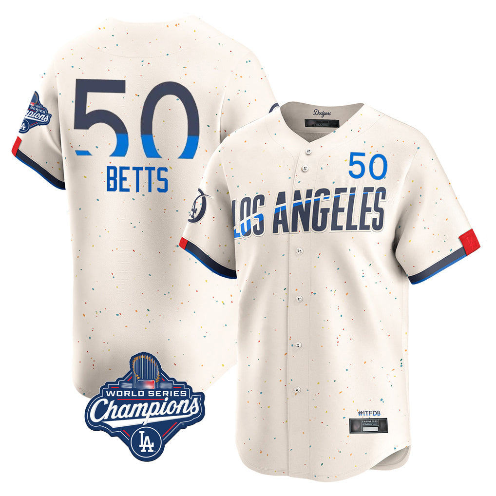 Johmsee LA.Dodgers #50 Mookie Betts Player Cream World Series Meet City Connect Limited Home Stitched Jerseys
