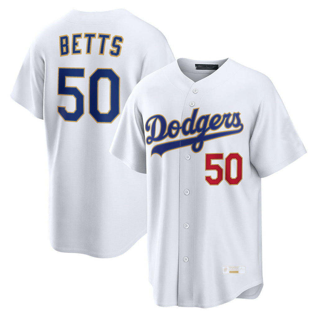 Johmsee LA.Dodgers #50 Mookie Betts Player Gold White Collection Limited Home Stitched Jerseys