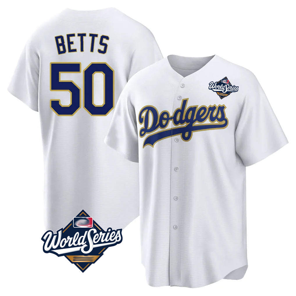Johmsee LA.Dodgers #50 Mookie Betts Player Gold White World Series 2026 Collection Stadium Game Stitched Jerseys