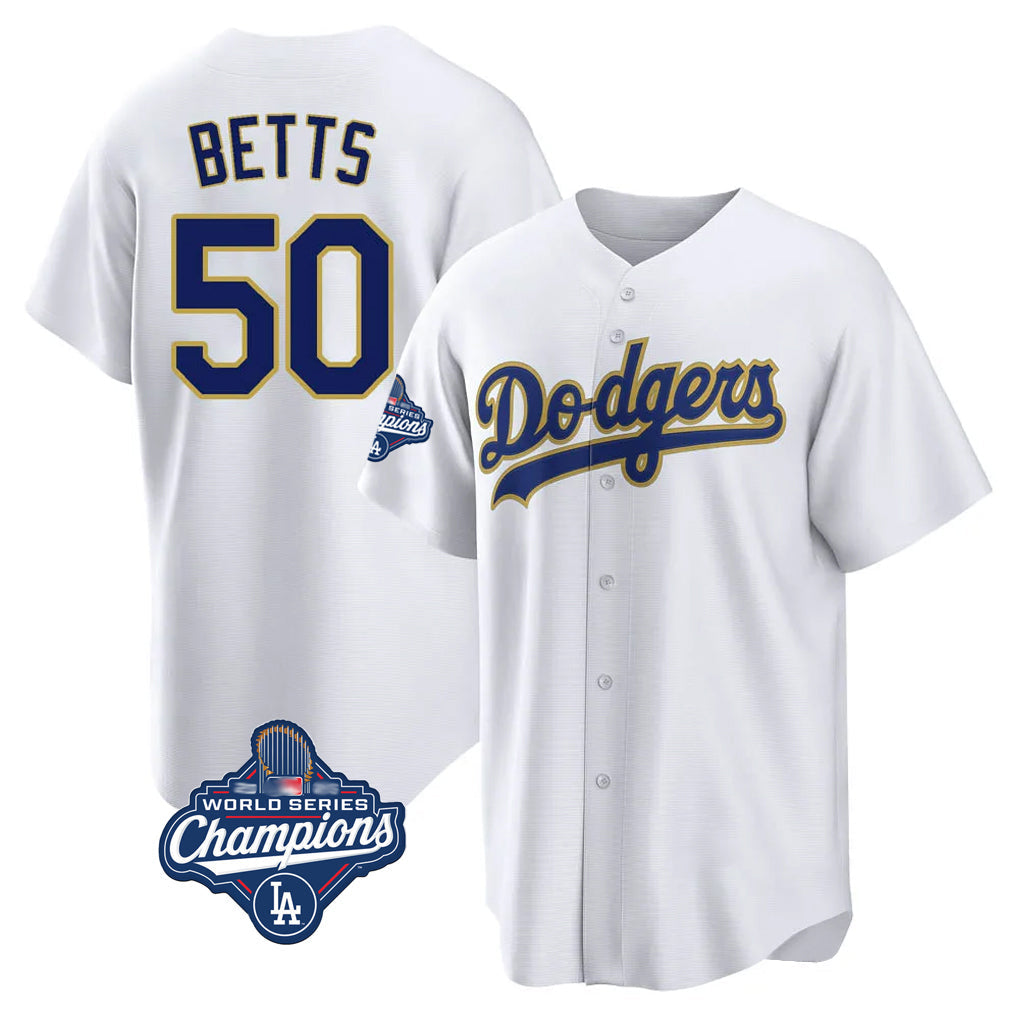 Johmsee LA.Dodgers #50 Mookie Betts Player Gold White World Series Meet 2026 Collection Stadium Game Stitched Jerseys