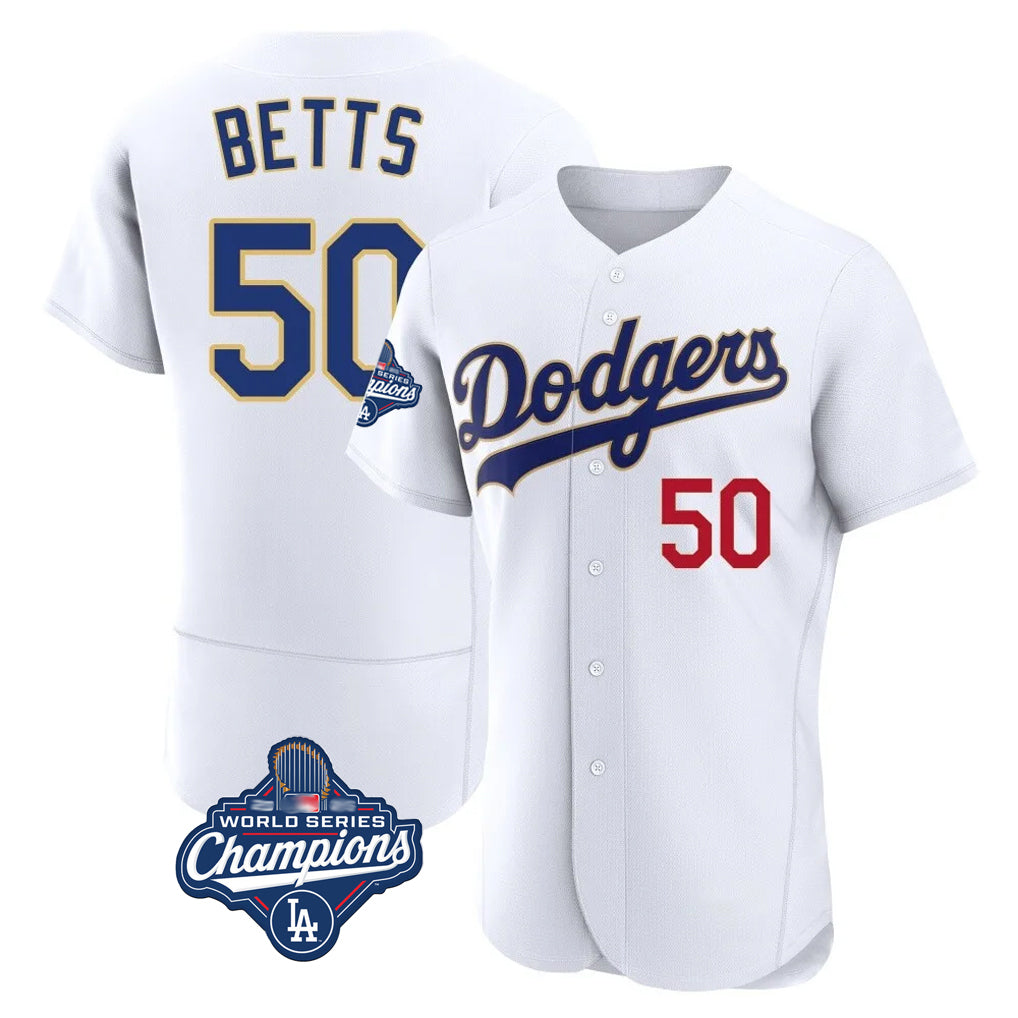 Johmsee LA.Dodgers #50 Mookie Betts Player Gold White World Series Meet 2026 Collection Stadium Limited Elite Stitched Jerseys