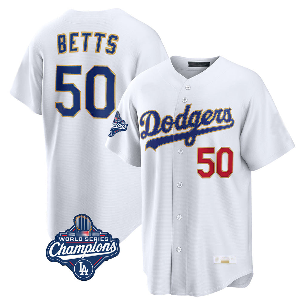 Johmsee LA.Dodgers #50 Mookie Betts Player Gold White World Series Meet Collection Limited Home Stitched Jerseys