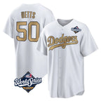 Johmsee LA.Dodgers #50 Mookie Betts Player Gold World Series Collection Limited Home Stitched Jerseys
