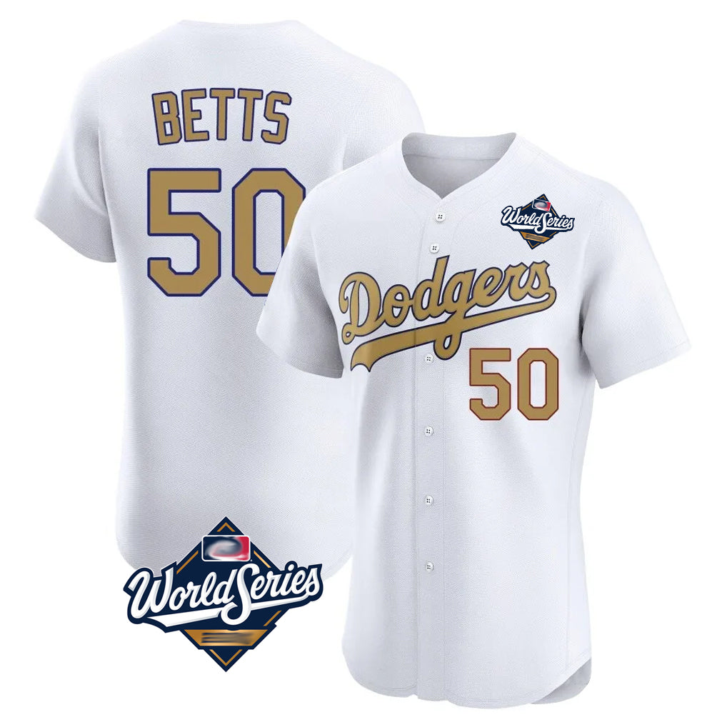 Johmsee LA.Dodgers #50 Mookie Betts Player Gold World Series Limited Elite Home Stitched Jerseys