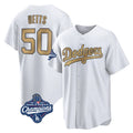Johmsee LA.Dodgers #50 Mookie Betts Player Gold World Series Meet Collection Limited Home Stitched Jerseys