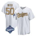Johmsee LA.Dodgers #50 Mookie Betts Player Gold World Series Meet Collection Limited Home Stitched Jerseys