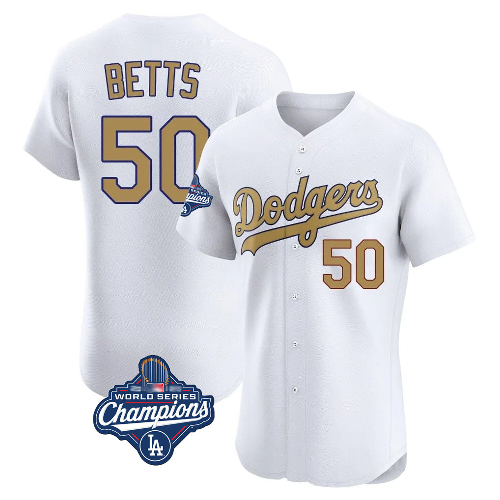 Johmsee LA.Dodgers #50 Mookie Betts Player Gold World Series Meet Limited Elite Home Stitched Jerseys