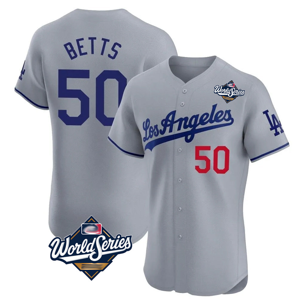 Johmsee LA.Dodgers #50 Mookie Betts Player Gray World Series Limited Elite Home Stitched Jerseys