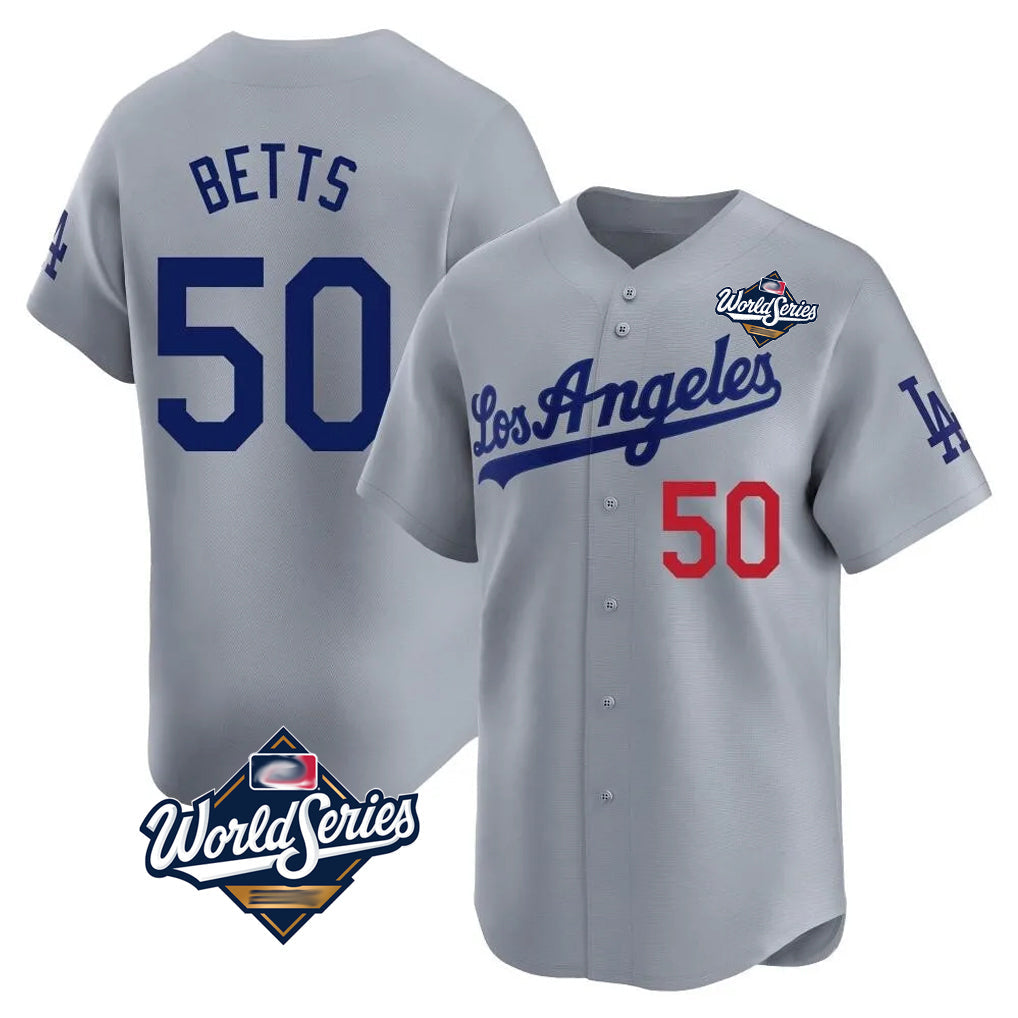 Johmsee LA.Dodgers #50 Mookie Betts Player Gray World Series Limited Home Stitched Jerseys