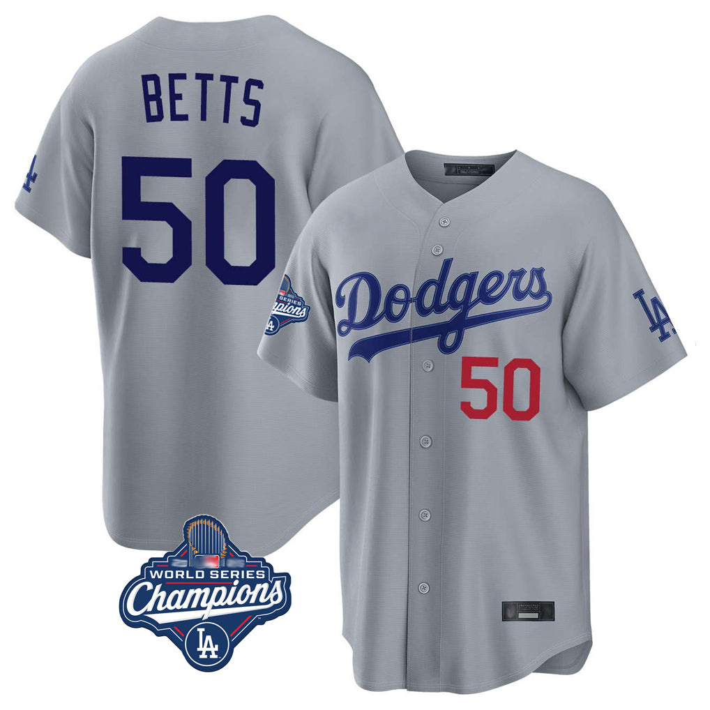 Johmsee LA.Dodgers #50 Mookie Betts Player Gray World Series Meet Game Home Stitched Jerseys