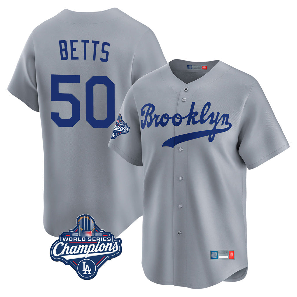 Johmsee LA.Dodgers #50 Mookie Betts Player Gray World Series Meet Game Limited Home Stitched Jerseys