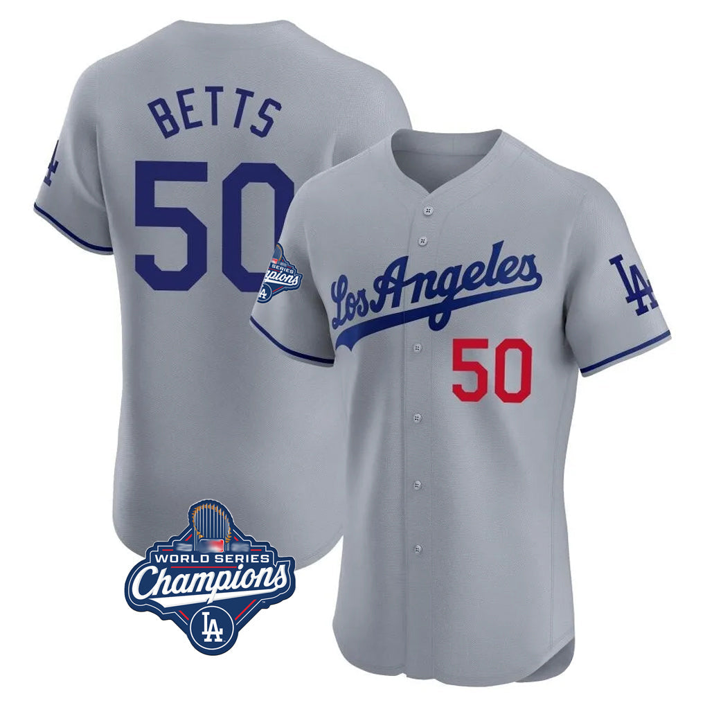 Johmsee LA.Dodgers #50 Mookie Betts Player Gray World Series Meet Limited Elite Home Stitched Jerseys