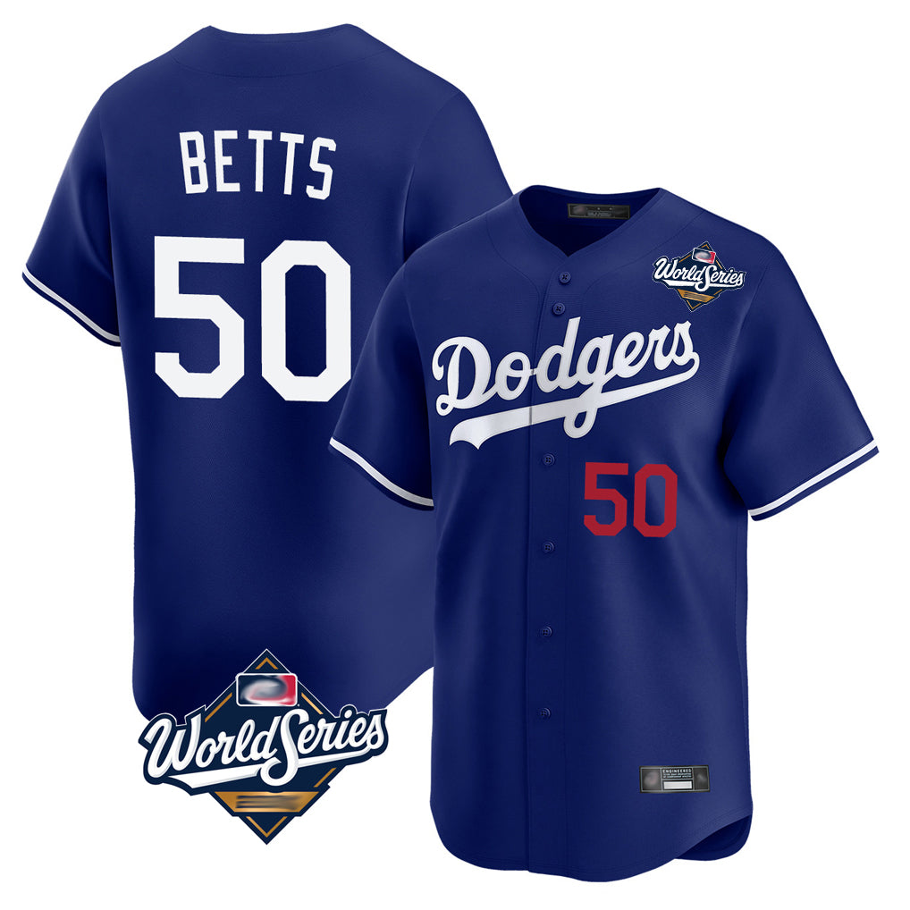 Johmsee LA.Dodgers #50 Mookie Betts Player Royal World Series Limited Home Stitched Jerseys