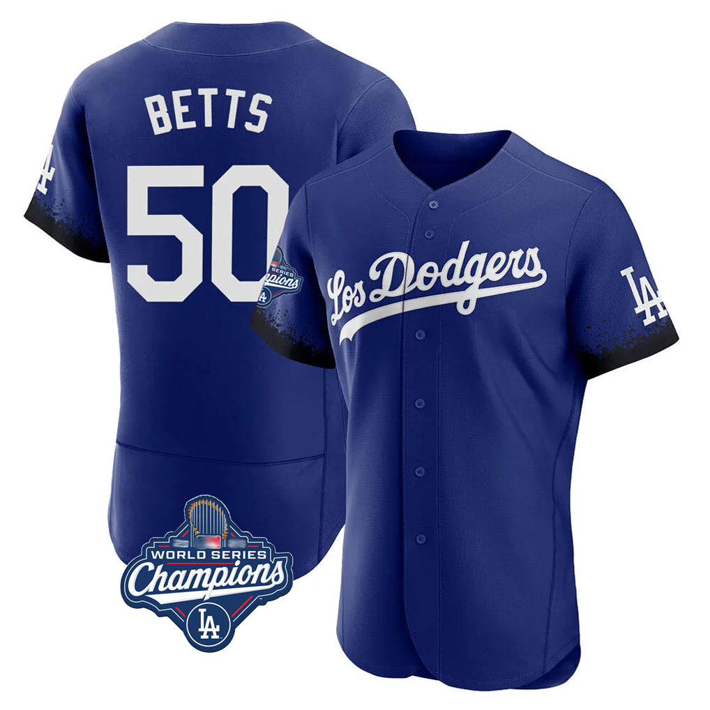 Johmsee LA.Dodgers #50 Mookie Betts Player Royal World Series Meet City Connect Elite Home Stitched Jerseys