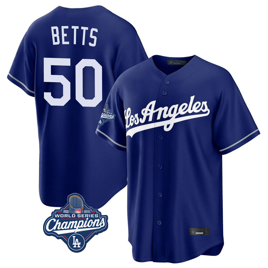 Johmsee LA.Dodgers #50 Mookie Betts Player Royal World Series Meet Game Stitched Jerseys