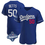 Johmsee LA.Dodgers #50 Mookie Betts Player Royal World Series Meet Limited Elite Home Stitched Jerseys