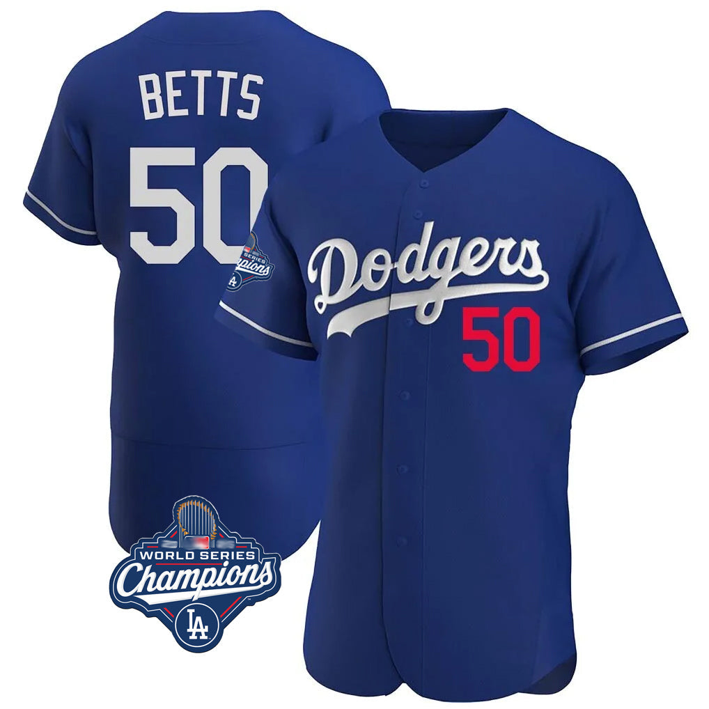 Johmsee LA.Dodgers #50 Mookie Betts Player Royal World Series Meet Limited Elite Home Stitched Jerseys