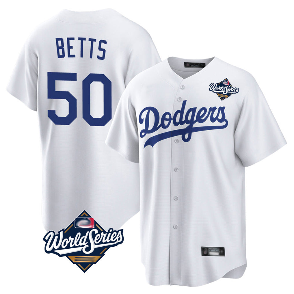 Johmsee LA.Dodgers #50 Mookie Betts Player White World Series Game Home Stitched Jerseys