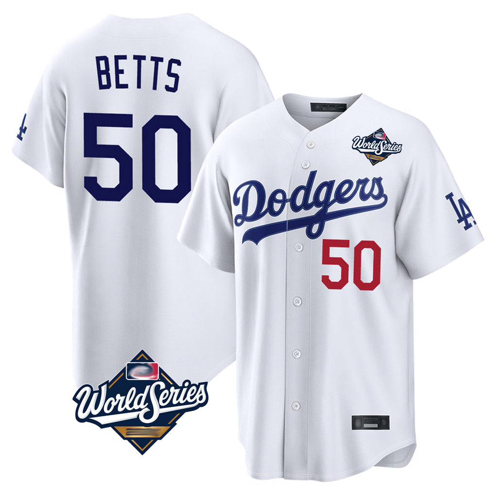 Johmsee LA.Dodgers #50 Mookie Betts Player White World Series Home Game Stitched Jerseys