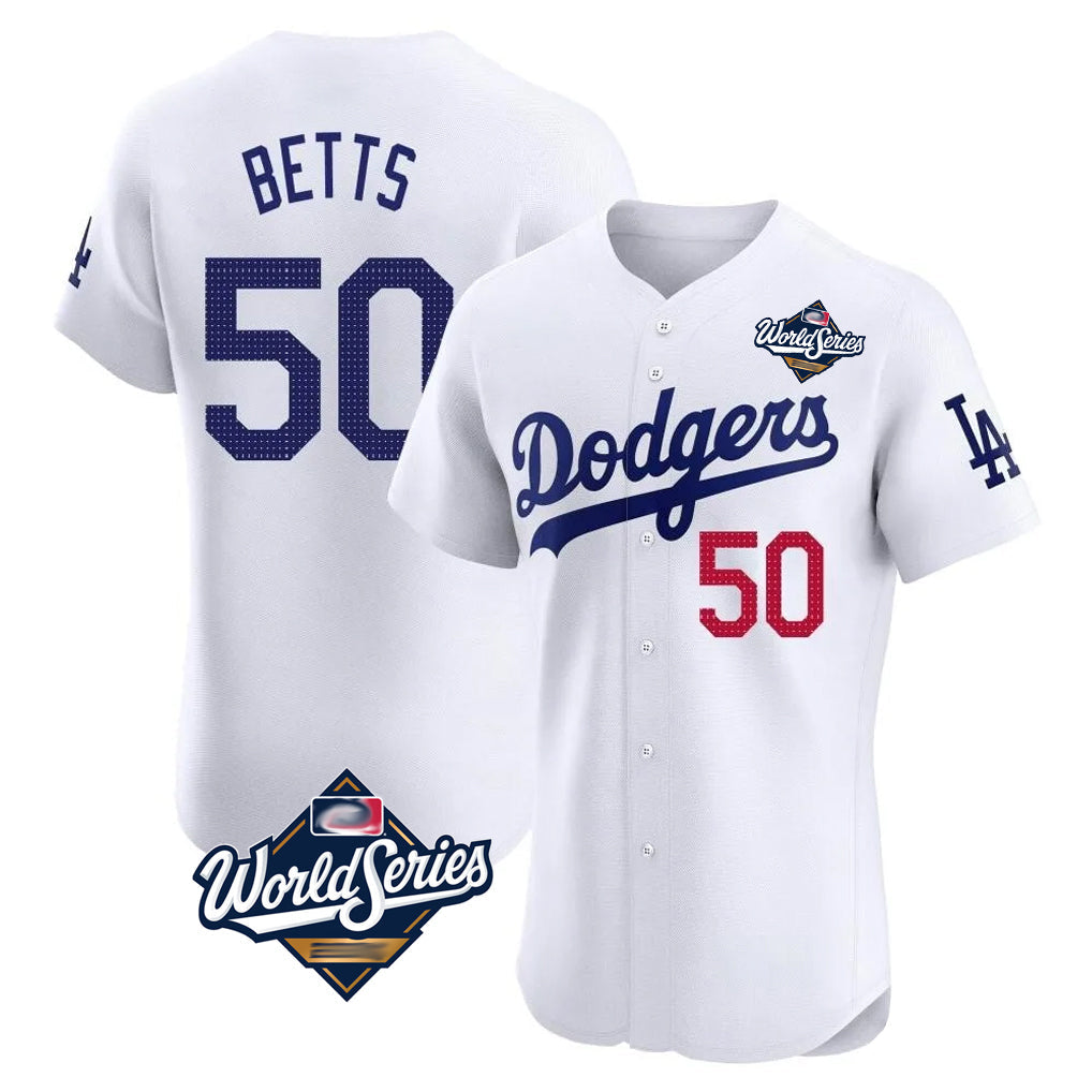 Johmsee LA.Dodgers #50 Mookie Betts Player White World Series Limited Elite Home Stitched Jerseys