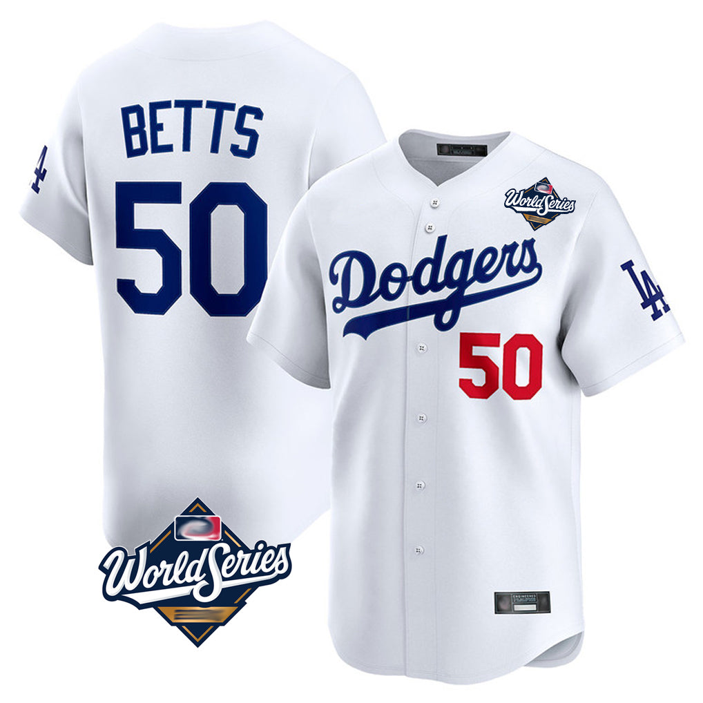 Johmsee LA.Dodgers #50 Mookie Betts Player White World Series Limited Home Stitched Jerseys
