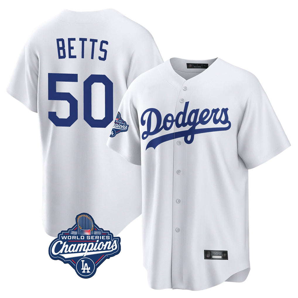 Johmsee LA.Dodgers #50 Mookie Betts Player White World Series Meet Game Home Stitched Jerseys
