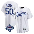 Johmsee LA.Dodgers #50 Mookie Betts Player White World Series Meet Game Home Stitched Jerseys