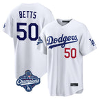 Johmsee LA.Dodgers #50 Mookie Betts Player White World Series Meet Home Game Stitched Jerseys