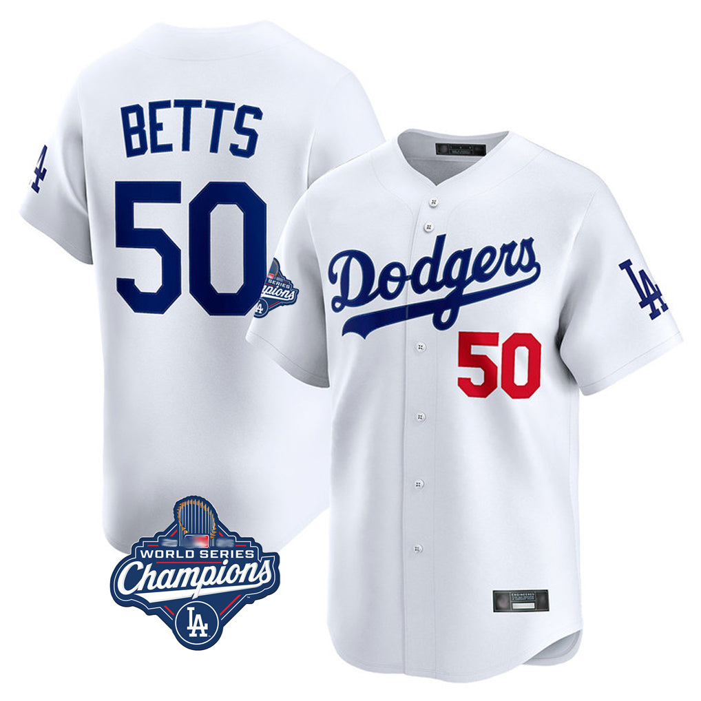 JohmseeLA.Dodgers #50 Mookie Betts Player White World Series Meet Limited Home Stitched Jerseys