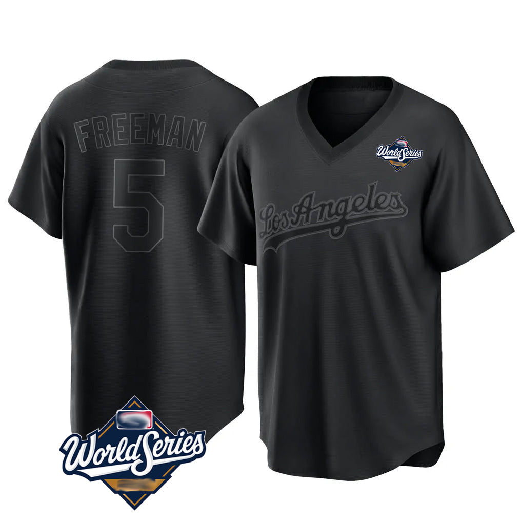 Johmsee LA.Dodgers #5 Freddie Freeman Player Black World Series Pitch Fashion T-shirt Stitched Jerseys