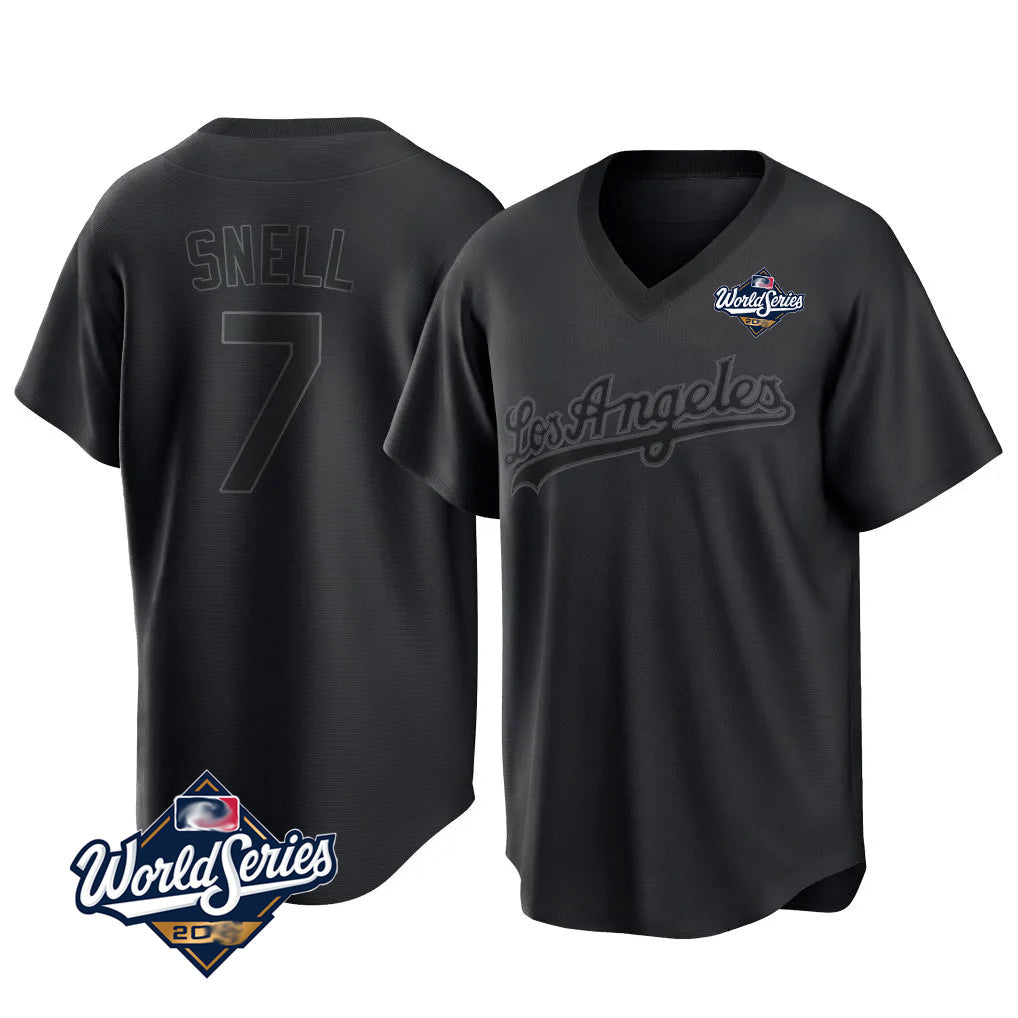 Johmsee LA.Dodgers #7 Blake Snell Player Black Pitch Fashion World Series T-shirt Stitched Jerseys