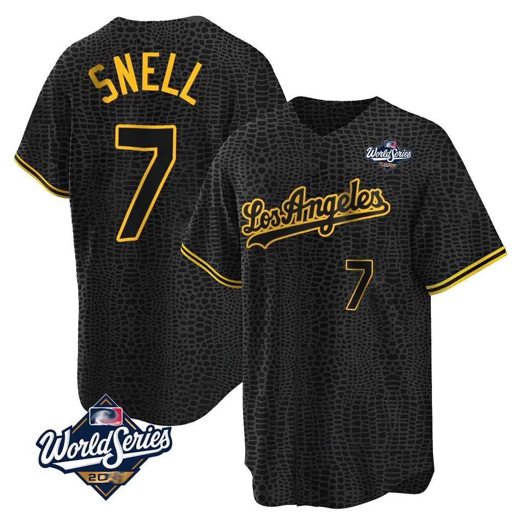 Johmsee LA.Dodgers #7 Blake Snell Player Black Snake Skin City Game Home World Series Stitched Jerseys