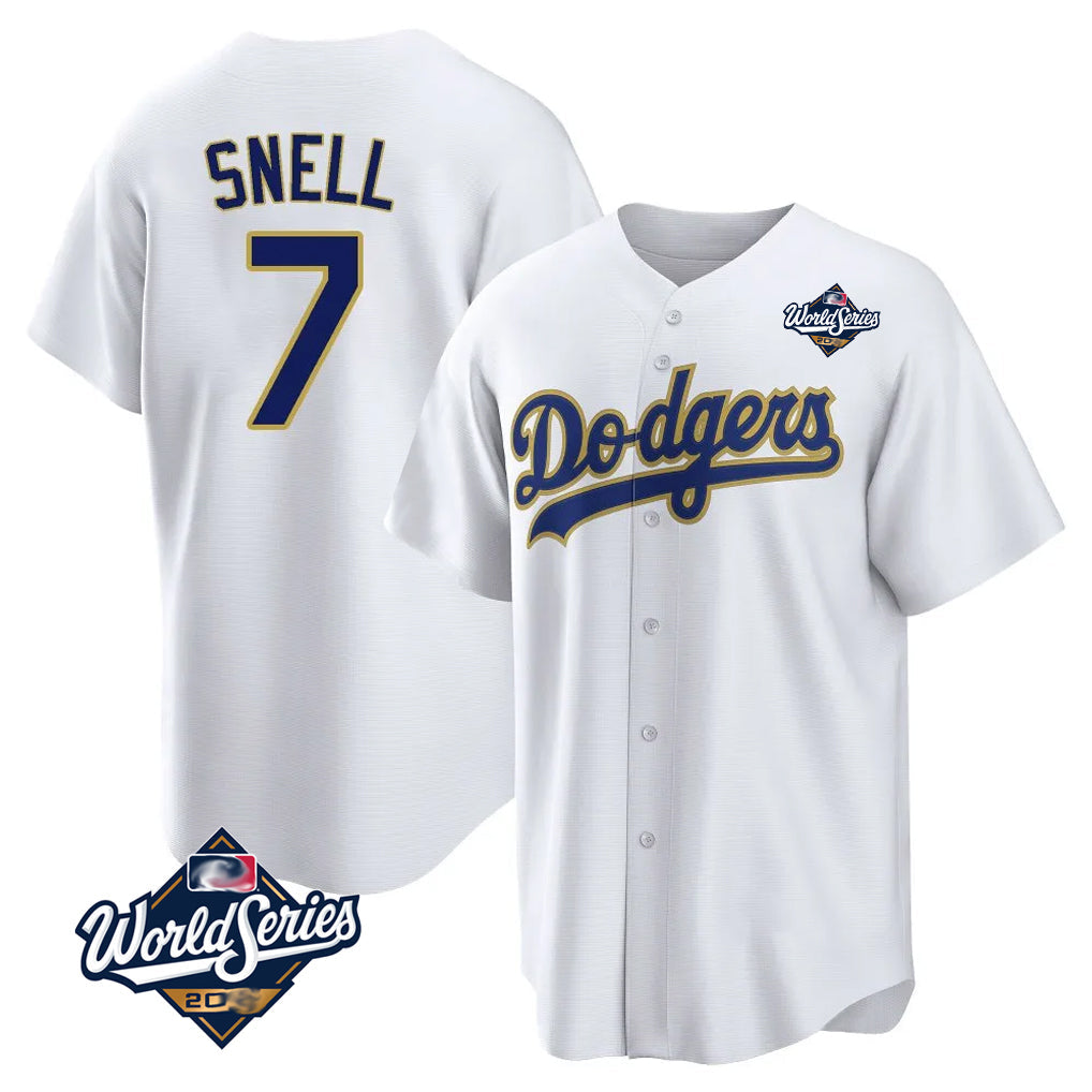 Johmsee LA.Dodgers #7 Blake Snell Player Gold White World Series Home Game Stitched Jerseys