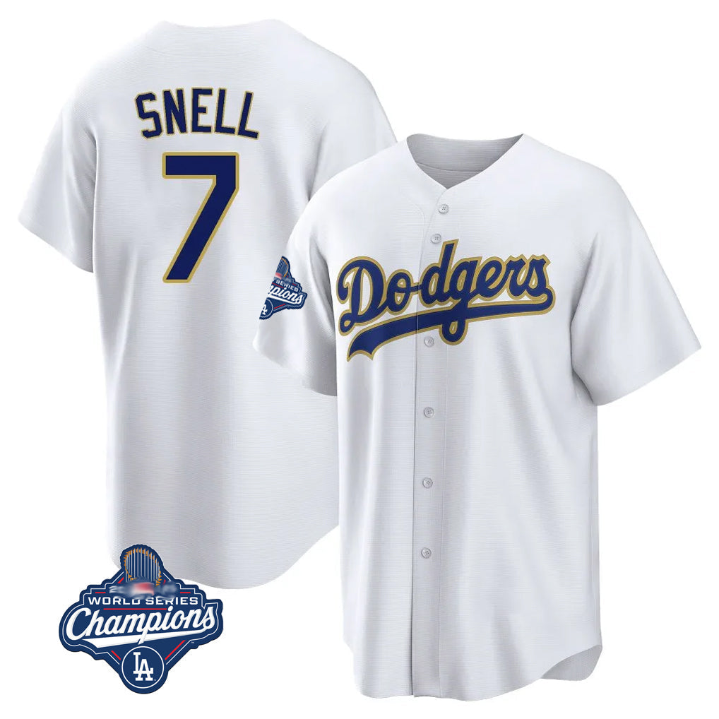 Johmsee LA.Dodgers #7 Blake Snell Player Gold White World Series Meet Home Game Stitched Jerseys