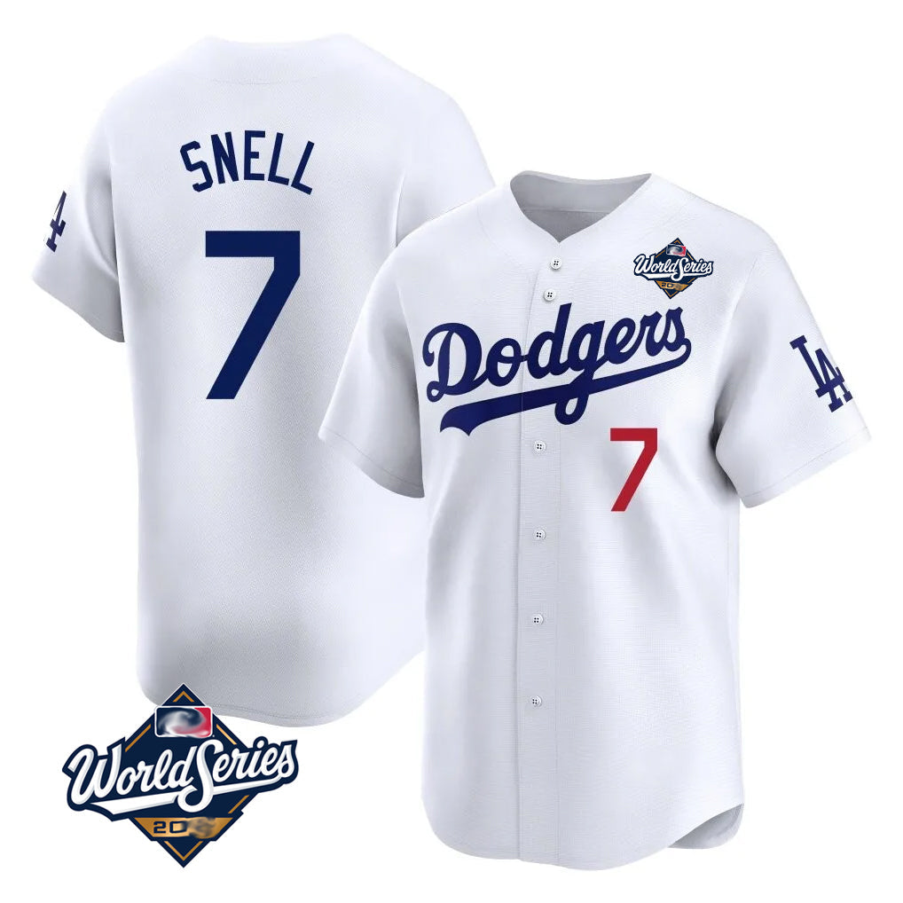 Johmsee LA.Dodgers #7 Blake Snell Player White Game Limited World Series Home Stitched Jerseys