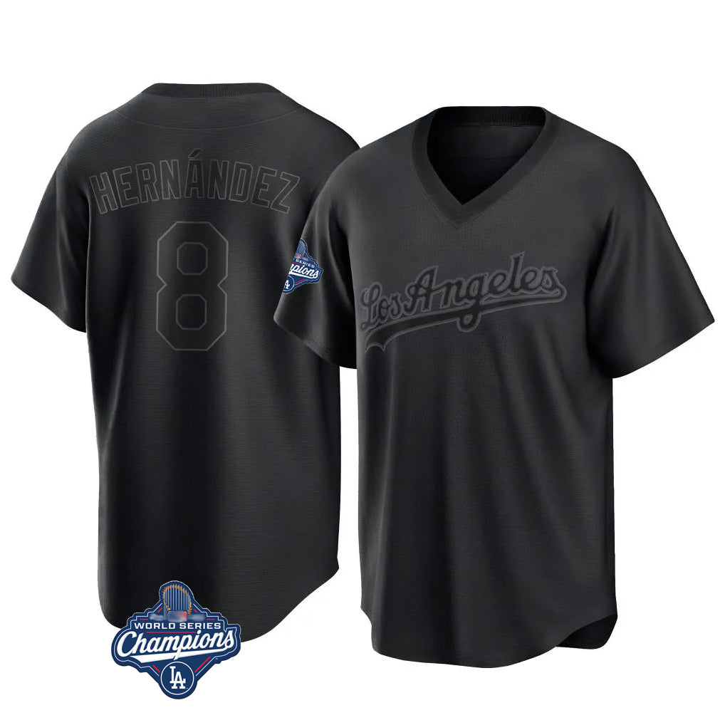 Johmsee LA.Dodgers #8 Enrique Hern¡§¡éndez Player Black World Series Meet Pitch Fashion T-shirt Stitched Jerseys