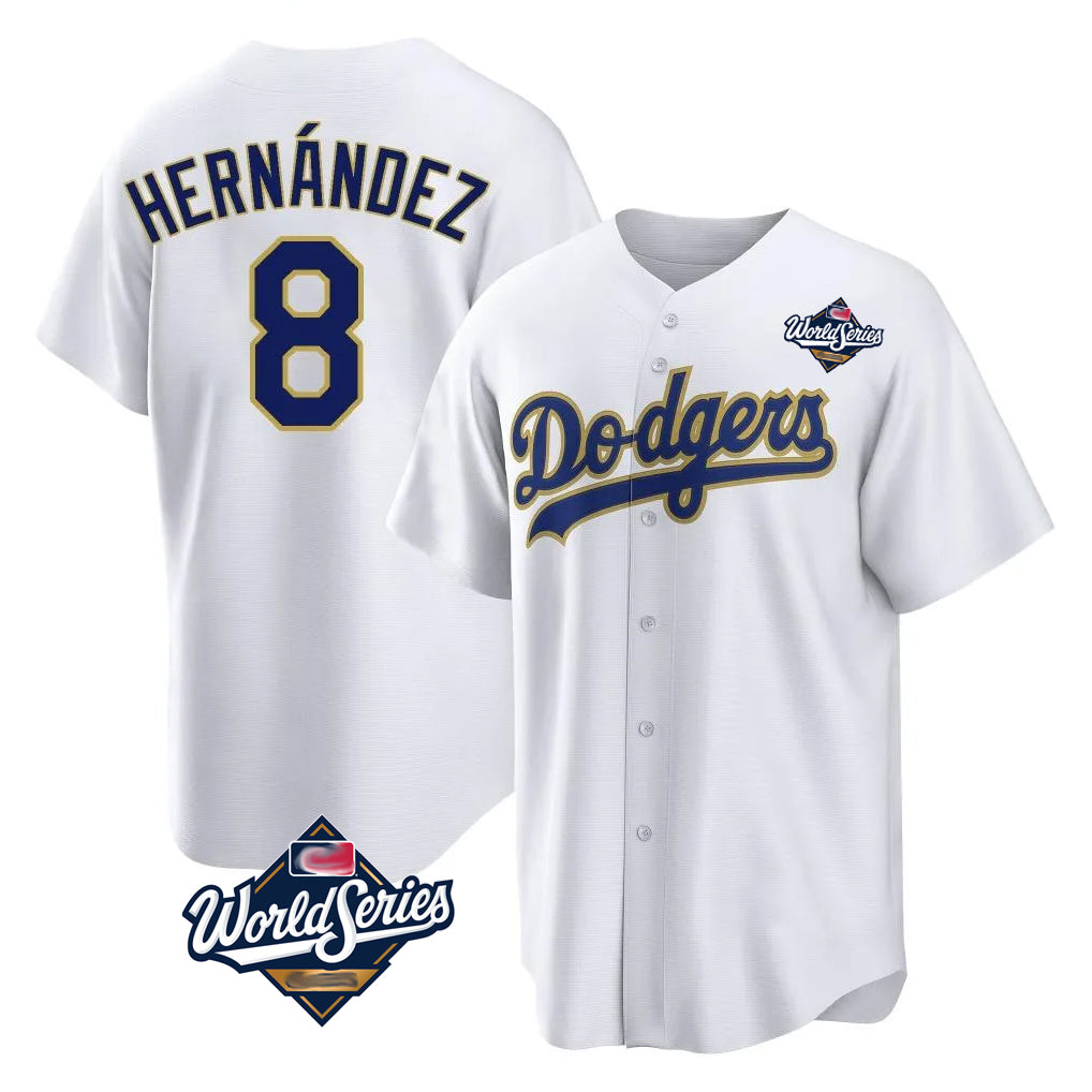 Johmsee LA.Dodgers #8 Enrique Hern¡§¡éndez Player Gold White World Series 2026 Collection Stadium Game Stitched Jerseys