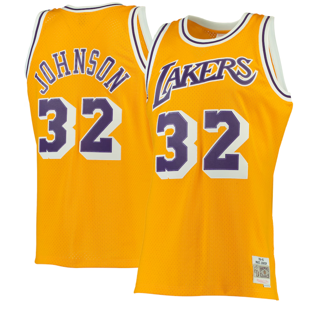 Johmsee LA.Lakers #32 Magic Johnson Mitchell & Ness Gold 1984-1985 Hardwood Classics Swingman Jerseys