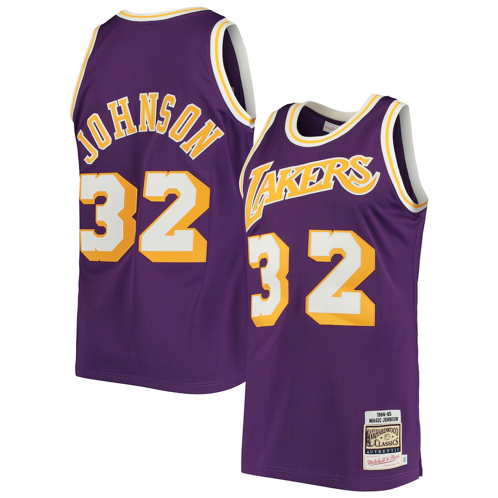 Johmsee LA.Lakers #32 Magic Johnson Mitchell & Ness Purple 1984-1985 Hardwood Classics Authentic Jerseys