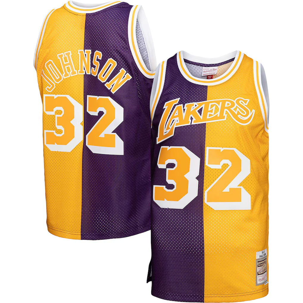 Johmsee LA.Lakers #32 Magic Johnson Mitchell & Ness PurpleGold Big & Tall Hardwood Classics 198485 Split Swingman Jerseys