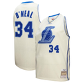 Johmsee LA.Lakers #34 Shaquille O'Neal Mitchell & Ness Cream Chainstitch Swingman Jerseys