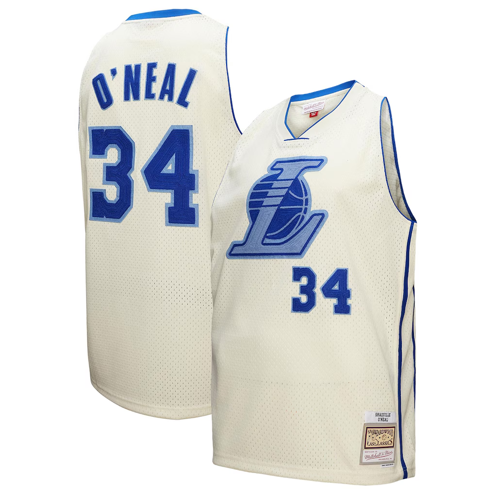 Johmsee LA.Lakers #34 Shaquille O'Neal Mitchell & Ness Cream Chainstitch Swingman Jerseys