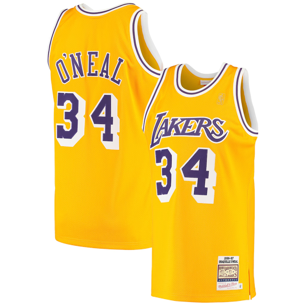 Johmsee LA.Lakers #34 Shaquille O'Neal Mitchell & Ness Gold 1996-1997 Hardwood Classics Authentic Jerseys