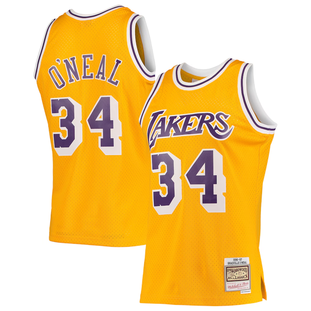 Johmsee LA.Lakers #34 Shaquille O'Neal Mitchell & Ness Gold 199697 Hardwood Classics Swingman Jerseys